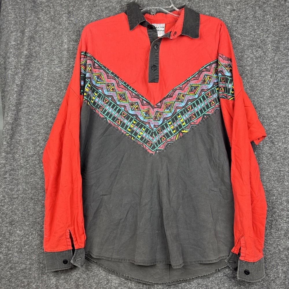 Vintage Wagon Wheels Southwestern Colorblock Blouse‎ Red Black Tribal Print 2X